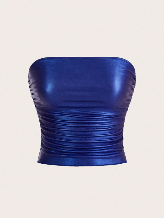 ICON Summer Solid Color Slim Fit Ruched Crop Tube Top