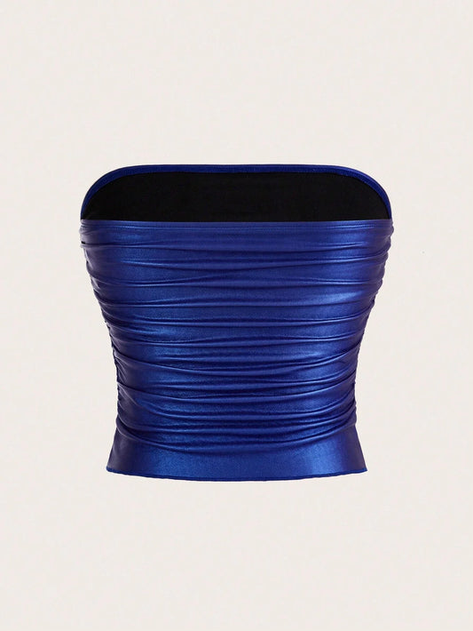 ICON Summer Solid Color Slim Fit Ruched Crop Tube Top