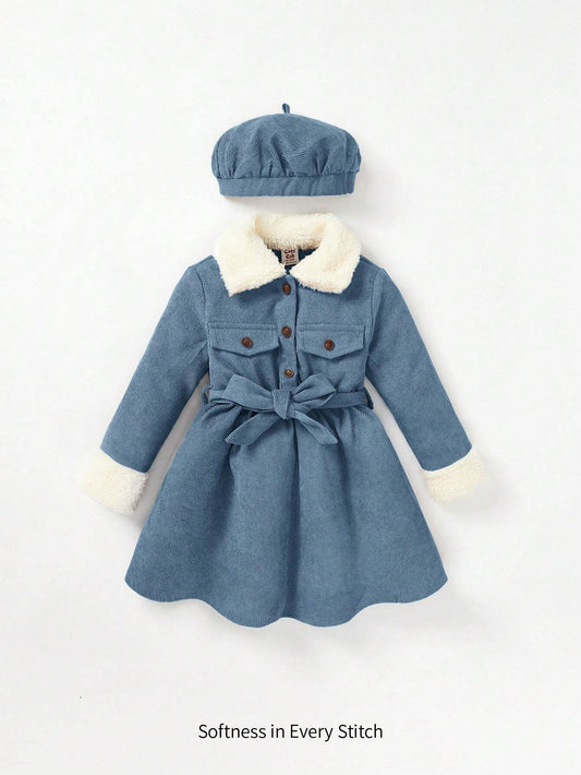 Cozy Pixies Baby Girls' Plush Collar Long Sleeve Waisted Dress With Hat