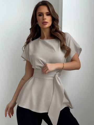 Aloruh Round Neck Waist-Tied X-Shaped Simple Commuter Women Shirt