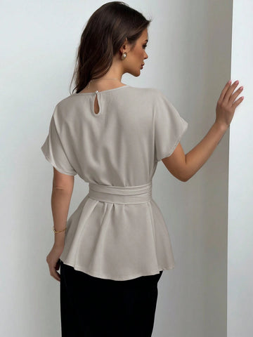 Aloruh Round Neck Waist-Tied X-Shaped Simple Commuter Women Shirt