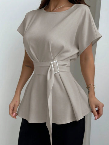 Aloruh Round Neck Waist-Tied X-Shaped Simple Commuter Women Shirt