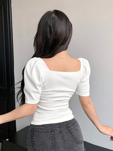 Dazy Designer Square Neck Bubble Sleeve Short Fitted Women T-Shirt