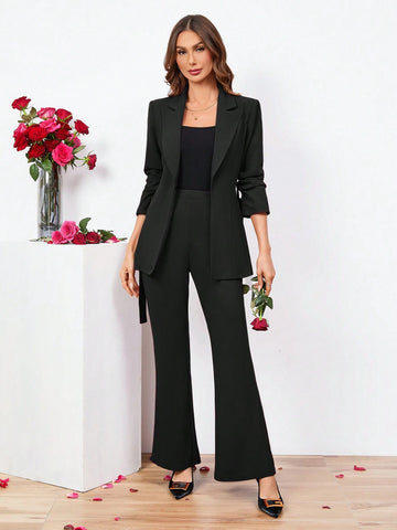 Clasi Ladies Belted Three-quarter Sleeve Suit With Pleats