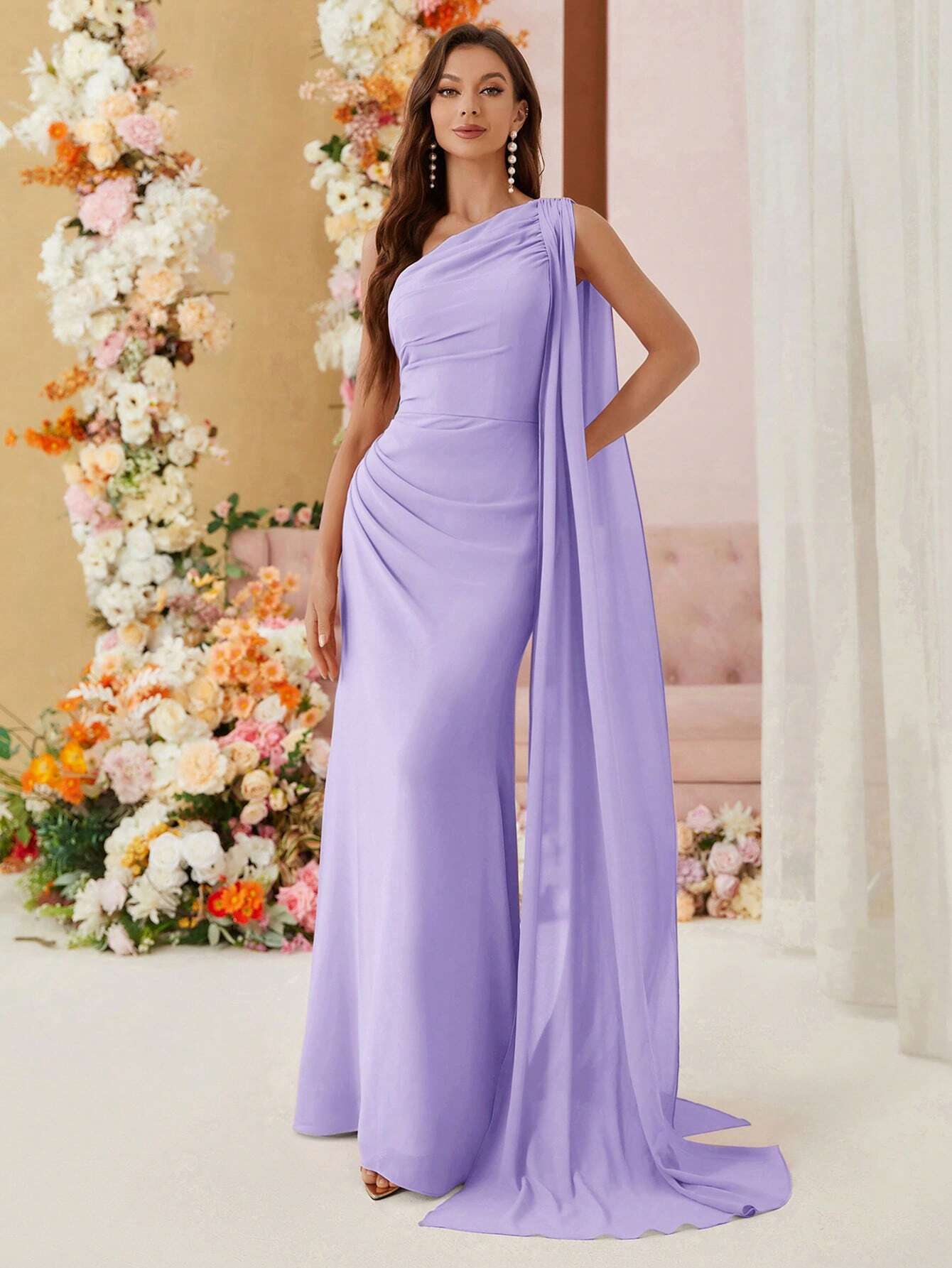 Belle Single Shoulder Chiffon Bridesmaid Dress With Draping Ruffles