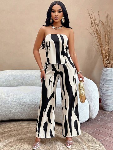 Slayr Geo Print Draped Back Tube Top & Wide Leg Pants Set