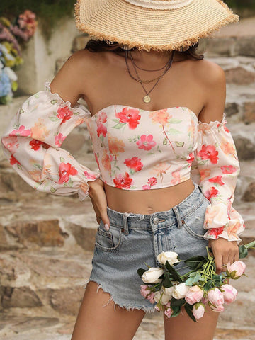 VCAY Women Floral Print Strapless Blouse
