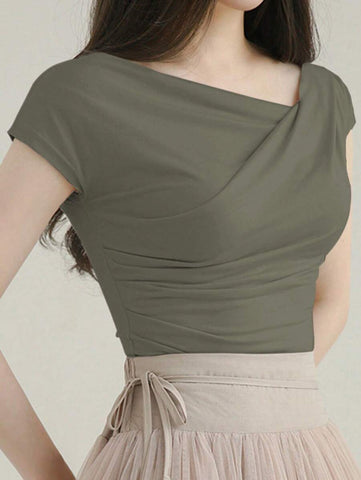 DAZY Solid Color Asymmetrical Collar Slim Short Sleeve T-Shirt