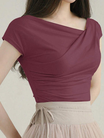 DAZY Solid Color Asymmetrical Collar Slim Short Sleeve T-Shirt