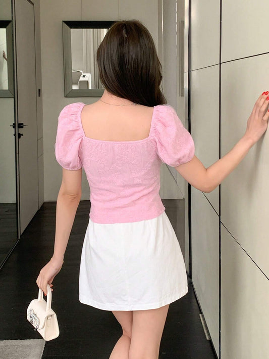 DAZY Solid Color Flower Texture Puff Sleeve Slim Fit Off Shoulder Women Shirt