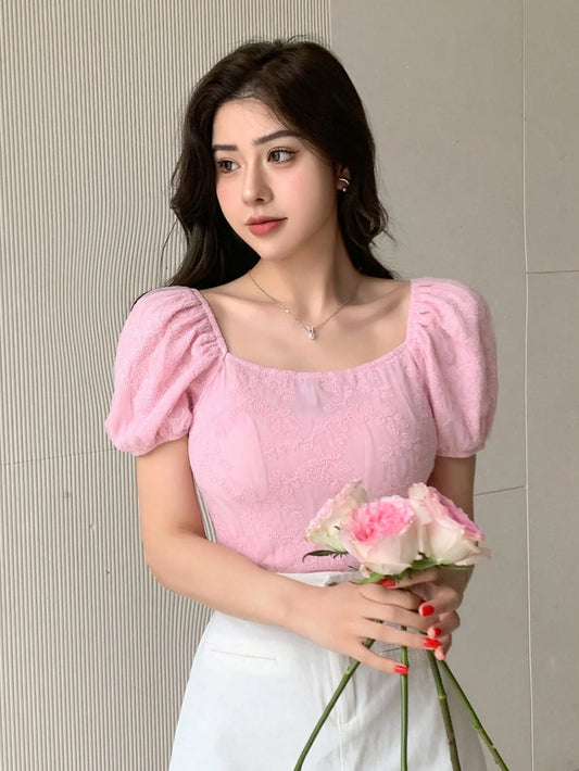 DAZY Solid Color Flower Texture Puff Sleeve Slim Fit Off Shoulder Women Shirt