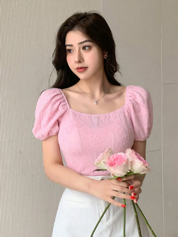 DAZY Solid Color Flower Texture Puff Sleeve Slim Fit Off Shoulder Women Shirt