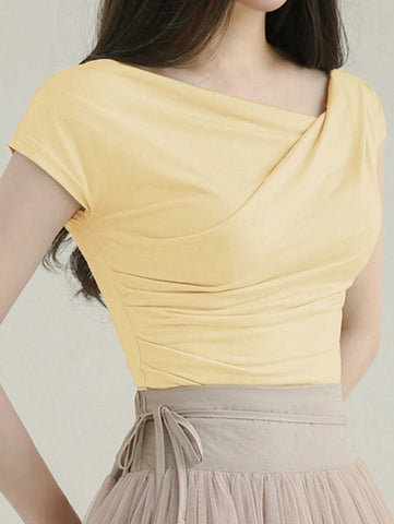 DAZY Solid Color Asymmetrical Collar Slim Short Sleeve T-Shirt