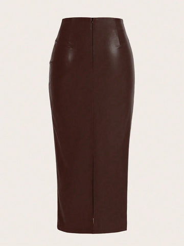 Raffin�a Solid Color Pleated Back Zipper Slit Skirt