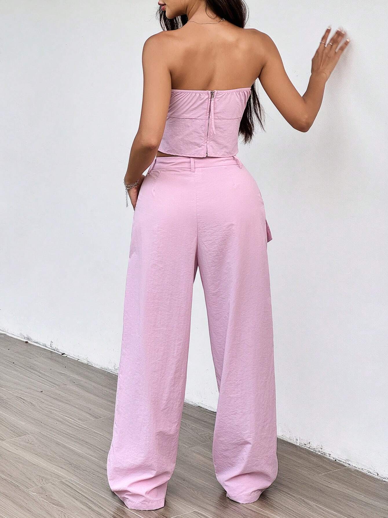 EZwear Leisure Style Solid Color Strapless Top And Flat Front Pants