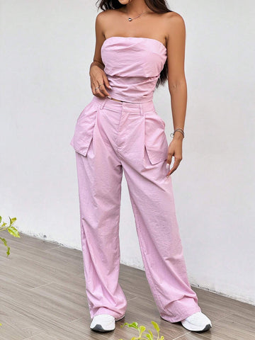 EZwear Leisure Style Solid Color Strapless Top And Flat Front Pants