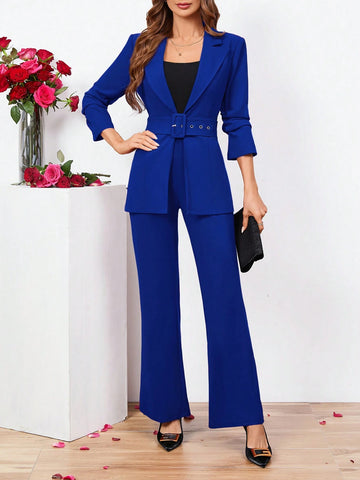 Clasi Ladies Belted Three-quarter Sleeve Suit With Pleats