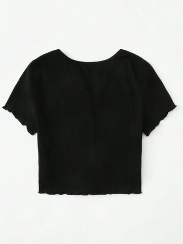 EZwear Button Front Lettuce Trim Rib-knit Tee