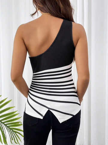 Privé Striped Print One Shoulder Asymmetrical Top