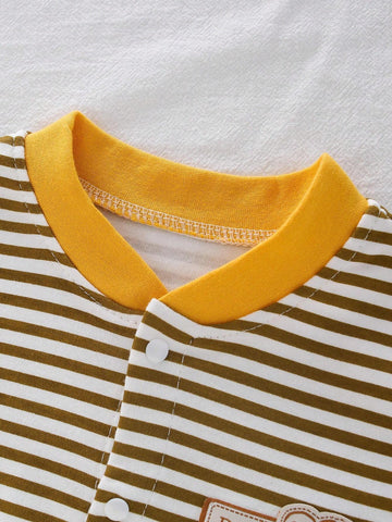 Baby Boy Striped Pattern English Letter Printed Front Button Romper
