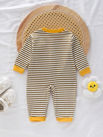 Baby Boy Striped Pattern English Letter Printed Front Button Romper
