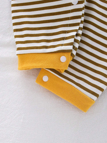 Baby Boy Striped Pattern English Letter Printed Front Button Romper