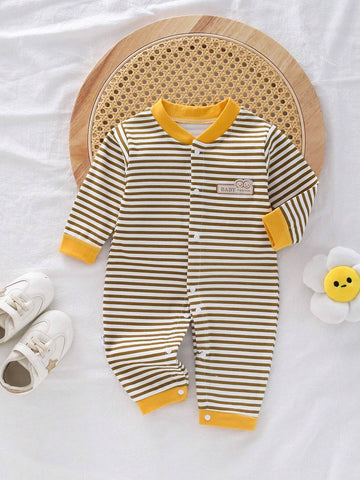 Baby Boy Striped Pattern English Letter Printed Front Button Romper