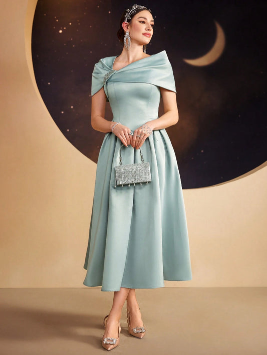 Modelyn Ladies Solid Color Asymmetrical Neckline Dress With Rhinestone Embellishment