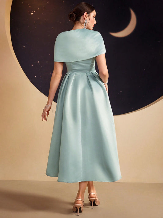 Modelyn Ladies Solid Color Asymmetrical Neckline Dress With Rhinestone Embellishment