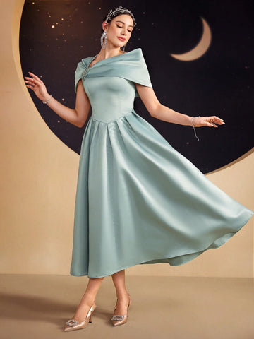 Modelyn Ladies Solid Color Asymmetrical Neckline Dress With Rhinestone Embellishment