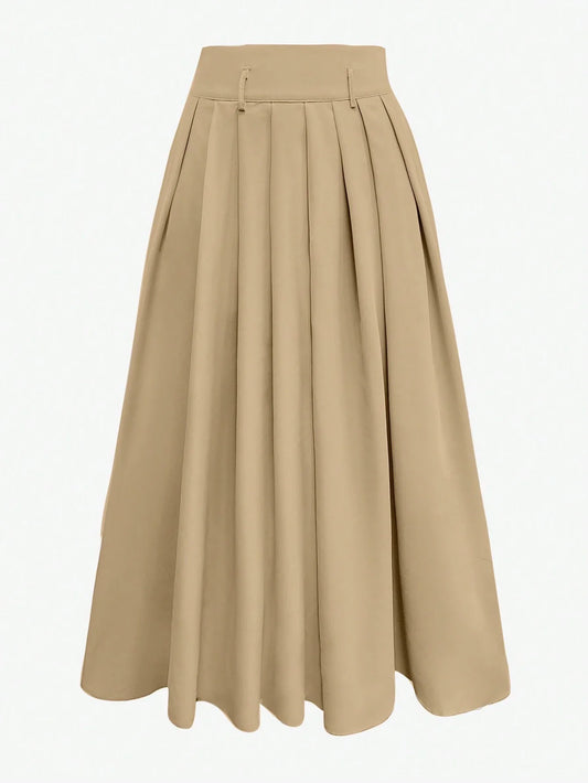 Priv� Women Solid Color High Waist Long Pleated Casual Skirt