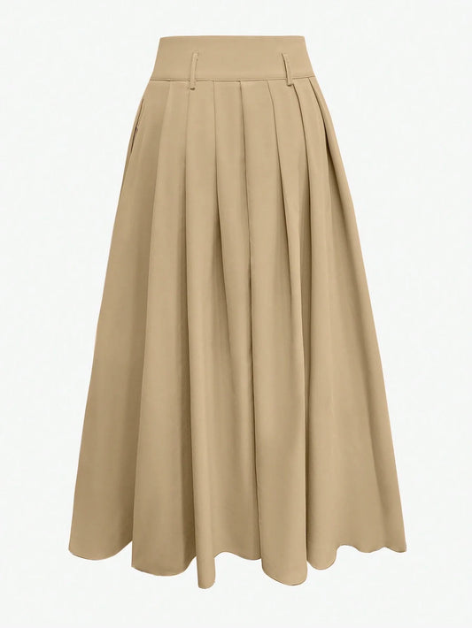 Priv� Women Solid Color High Waist Long Pleated Casual Skirt
