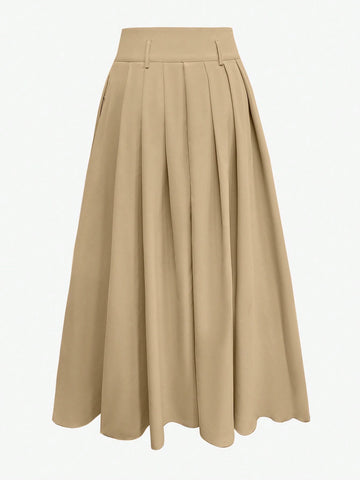 Privé Women Solid Color High Waist Long Pleated Casual Skirt