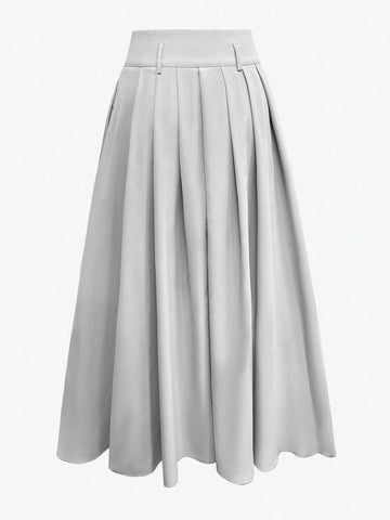 Privé Women Solid Color High Waist Long Pleated Casual Skirt