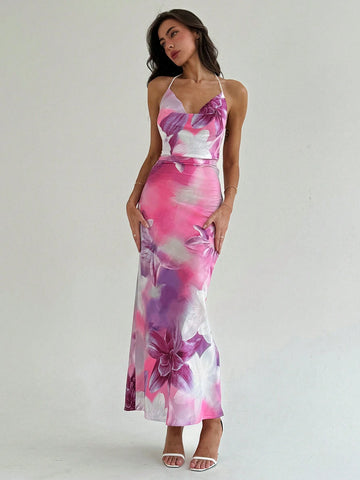 Aloruh Elegant Floral Printed Cowl Neck Backless Halter Neck Dress