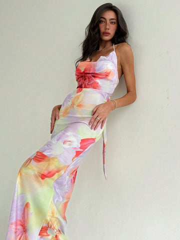 Aloruh Elegant Floral Printed Cowl Neck Backless Halter Neck Dress