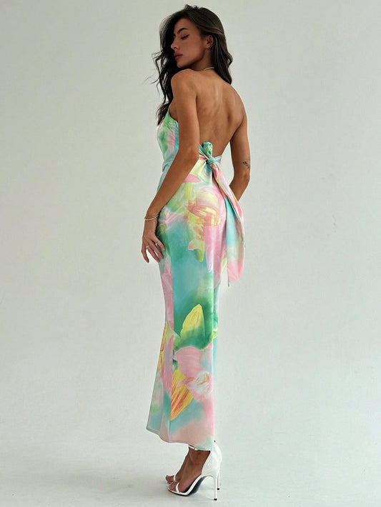 Aloruh Elegant Floral Printed Cowl Neck Backless Halter Neck Dress