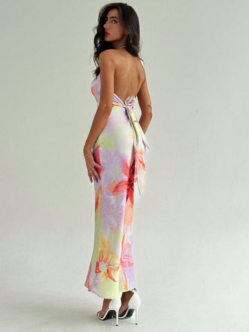 Aloruh Elegant Floral Printed Cowl Neck Backless Halter Neck Dress