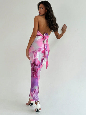 Aloruh Elegant Floral Printed Cowl Neck Backless Halter Neck Dress