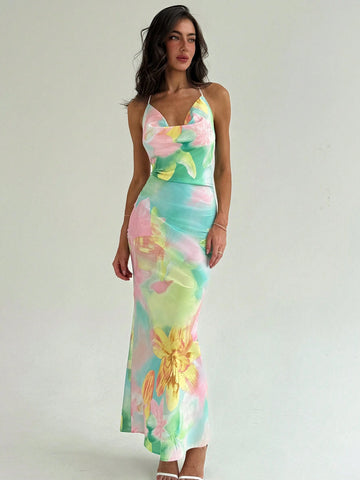 Aloruh Elegant Floral Printed Cowl Neck Backless Halter Neck Dress