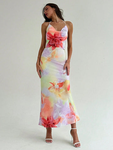 Aloruh Elegant Floral Printed Cowl Neck Backless Halter Neck Dress