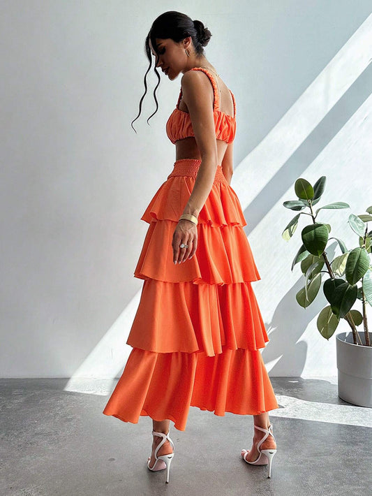 Priv� Women Summer Pleated Bust Tank Top  Tower Skirt Half-Body Skirt