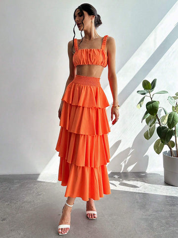 Priv� Women Summer Pleated Bust Tank Top  Tower Skirt Half-Body Skirt
