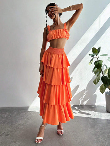 Priv� Women Summer Pleated Bust Tank Top  Tower Skirt Half-Body Skirt