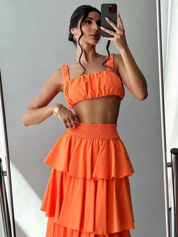 Priv� Women Summer Pleated Bust Tank Top  Tower Skirt Half-Body Skirt