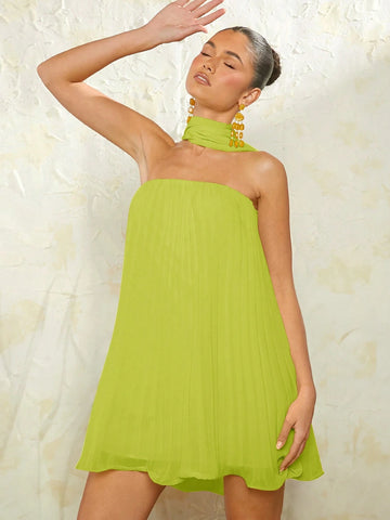 Haute Neck Tie Pleated Dress