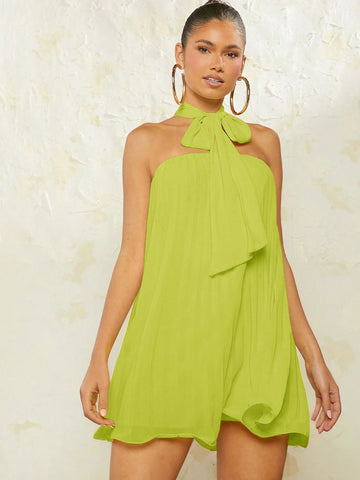 Haute Neck Tie Pleated Dress