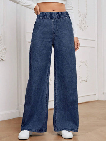 Essnce Solid Color Elastic Waist Denim Pants With Pockets