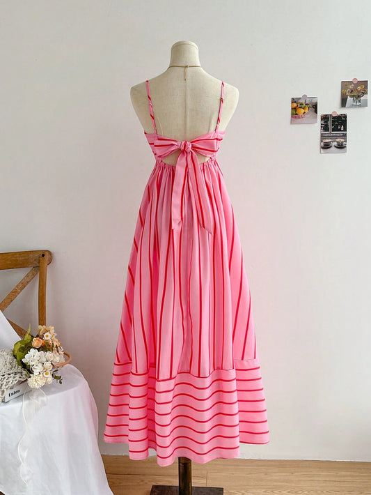 WYWH Vacation Beach Bowknot Backless Pink Dress With Spaghetti Straps