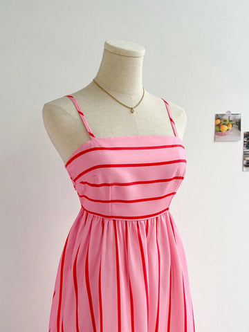 WYWH Vacation Beach Bowknot Backless Pink Dress With Spaghetti Straps